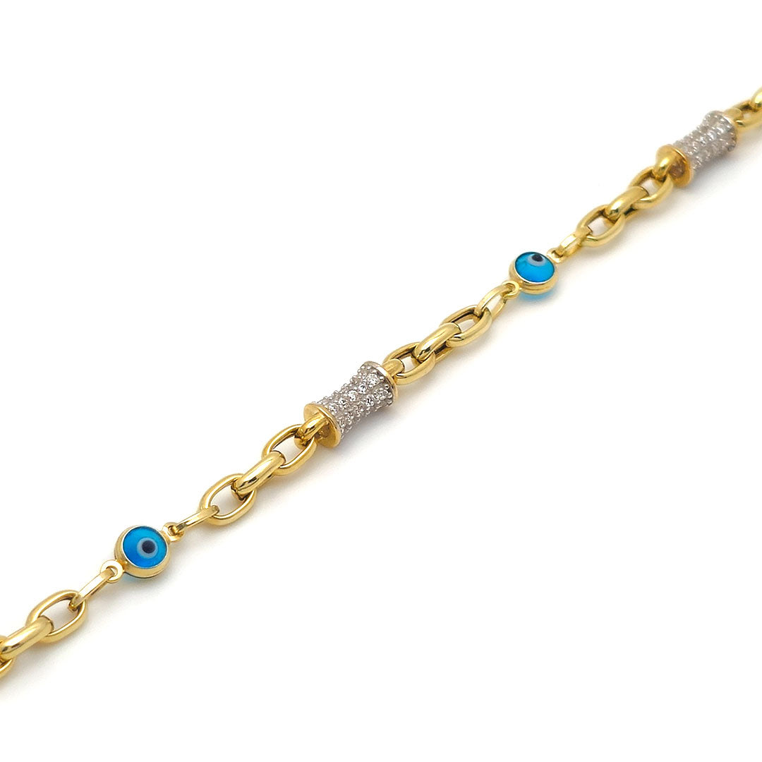 10k Evil Eye & CZ Barrel Bracelet with Circle Toggle Lock Close